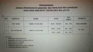 Berikut Pengumuman Divisi Crew Smelter PT OSS