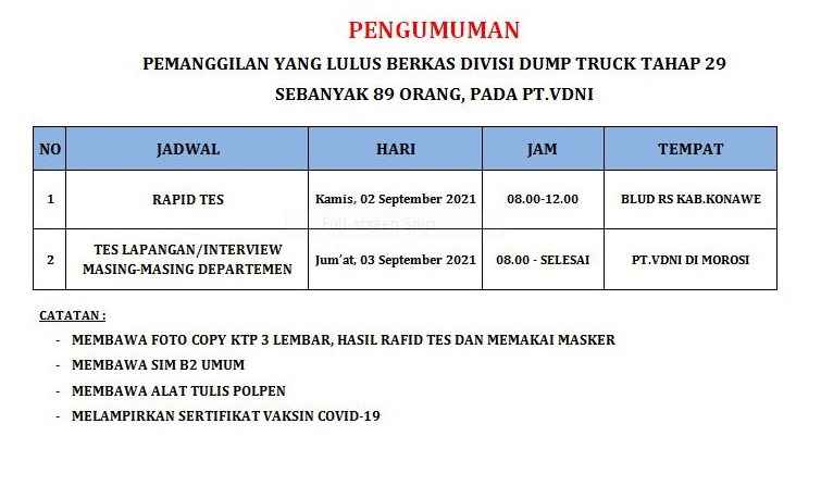 Berikut Pengumuman CTKL PT VDNI Divisi Dump Truck Tahap 29