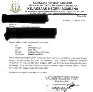 Kejari Bombana Lakukan Penyelidikan Tertutup, Atas Dugaan Korupsi Dinas Pertanian TA 2017