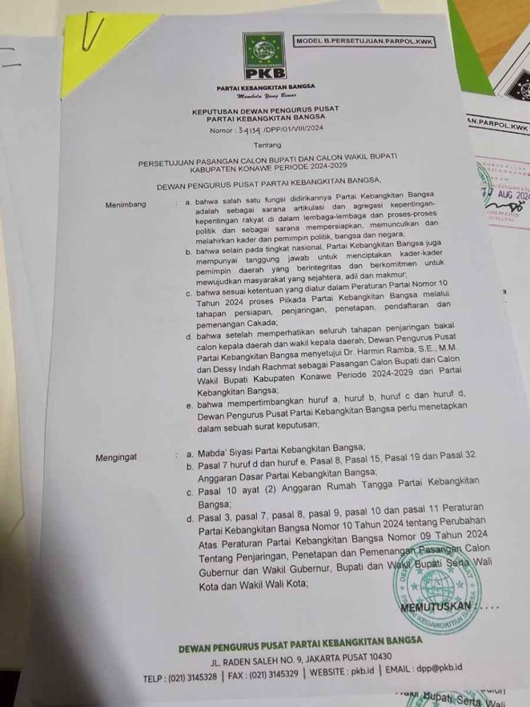 Telah Terbit, B1KWK Pasangan HADIR di Pilbup Konawe Belum Diserahkan Ketua PKB Sultra