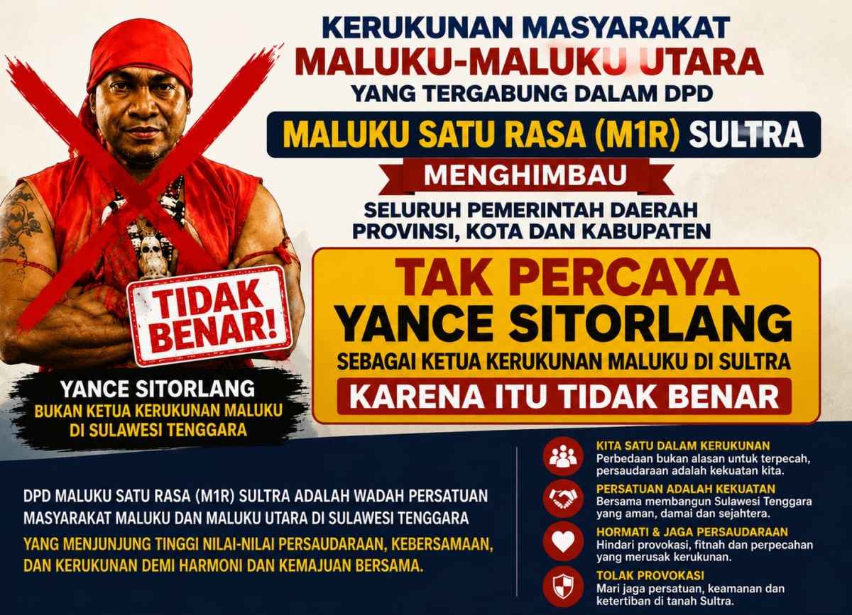 Yance Sitorlang Klaim Dirinya Sebagai Ketua Kerukunan Maluku di Sultra, DPD M1R: Itu Tidak Benar