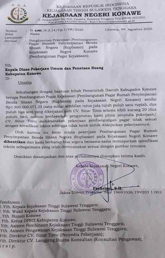 Baru Dikerjakan 20 Hari, Kajari Konawe Minta Hentikan Pembangunan Pagar Rumbasan yang Dibiayai APBD