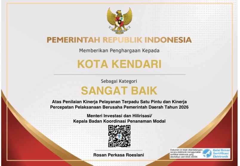 Kendari Raih Predikat Sangat Baik dalam Penilaian Kinerja Pelayanan Perizinan dan Investasi 2026